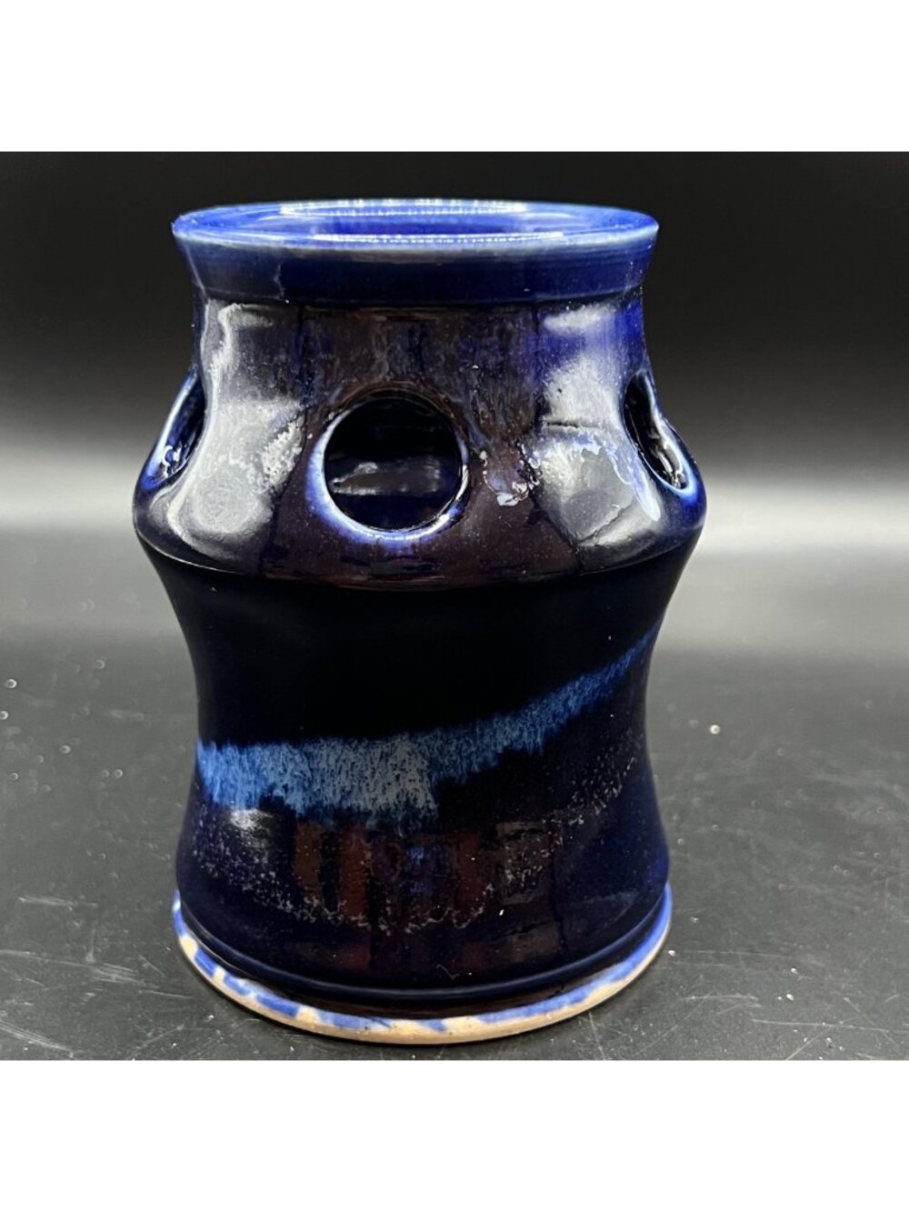 Handmade Whitefish Pottery Ceramic Candle Holder Deep Blue Glaze 2003 Made In US